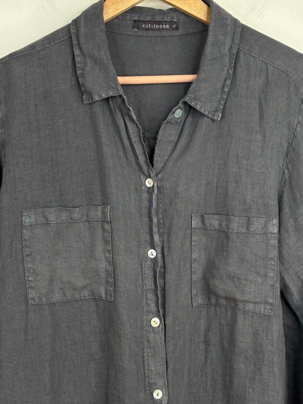 Cut Loose 100% Linen Button Up Tunic L Charcoal Grey High Low Lagenlook Artsy - Picture 2 of 8